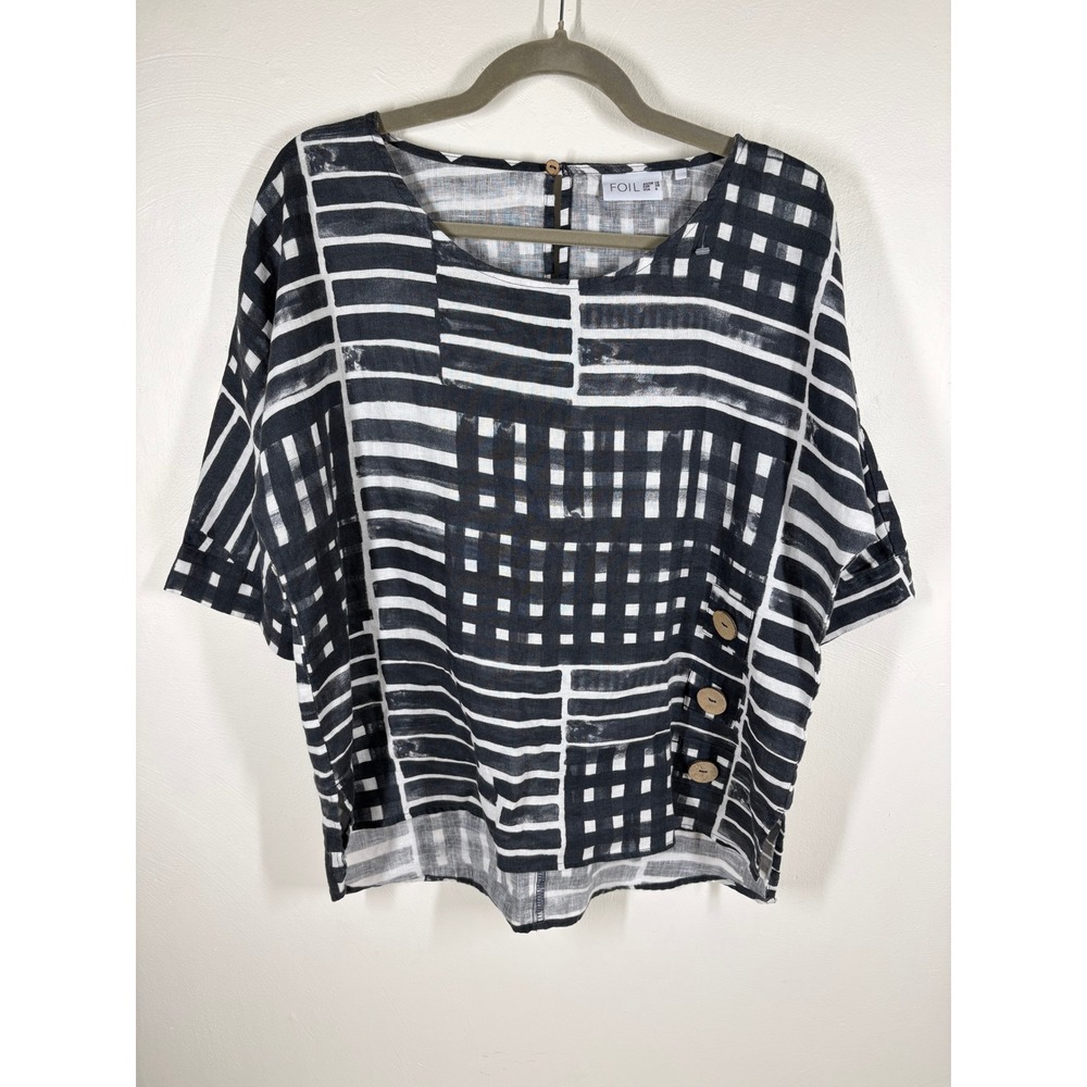 Foil Linen Top Blouse 6 Gray White Grid Button Detail Lagenlook Coastal Artsy